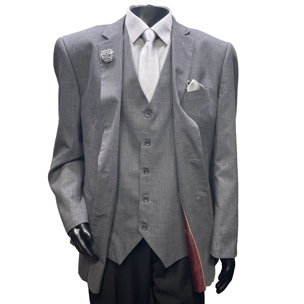 Sacari Classic Mens 46R Suit Jacket/Vest Merino Wool Grey Pinstripe Mod/Slim Fit